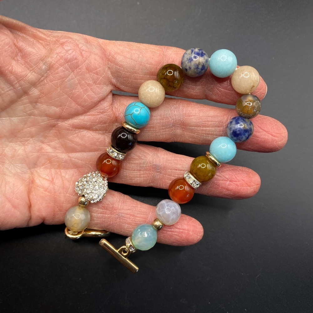 Glass Gemstone Beads Bracelet Stretchy Toggle Clasp Rhinestone Heart
